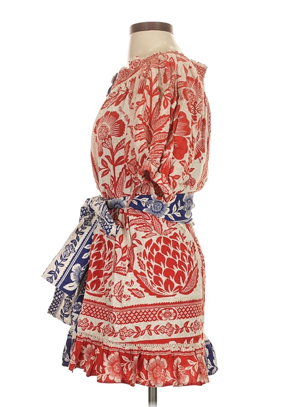 Farm Rio Floral Split-Color Cotton Dress with Belt - Blue & Red - Picture 5 of 8